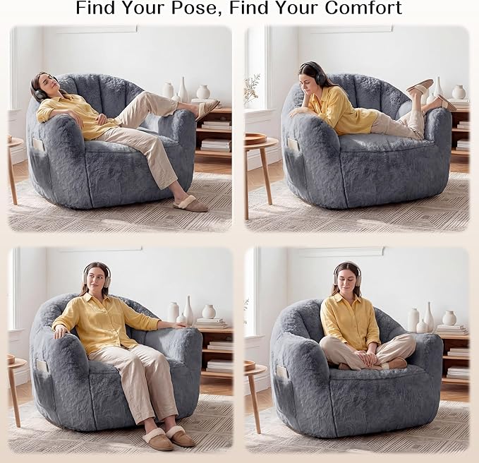Homkdom Bean Bag Chair, Giant Bean Bag Chairs for Adults, Shell-Shaped Bean Bag Couch with Armrests & Side Pockets, Comfy Beanbag Lazy Couch Reading Chair for Bedroom, Living Room, Bluegrey