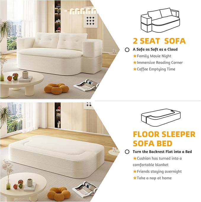 79" Foldable Floor Couch, 2-Seat Convertible Sleeper Sofa with Blanket and 2 Soft Pillows, Corduroy Fabric, for Living Room, Bedroom, Apartment, No Assembly Required, Beige