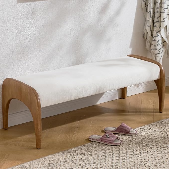 DUOMAY Modern 51" Wide Ottoman Bench, Long Entryway Bedroom Bench with Solid Wood Legs and Linen Upholstered Dining Bench Storage Bench for Living Room Indoor, Kitchen, White