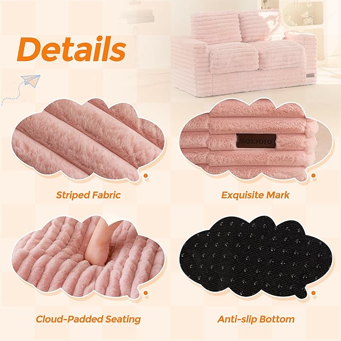MAXYOYO Extra Wide Kids Bean Bag Chair, Comfy Faux Fur Bean Bag Sofa with Filler, Upholstered Floor Sofa with Pillows and Armrests, Lazy Floor Chair Couch for Boys and Girls, Pink