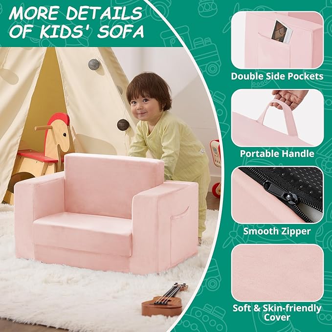 Kids Couch, 2-in-1 Toddler Chair Comfy 1-3 Years, Convertible Kids Chair, Toddler Couch That Fold Out, Kid Lounge Chairs for Boys and Girls, Soft Coral Fleece, Single, Pink
