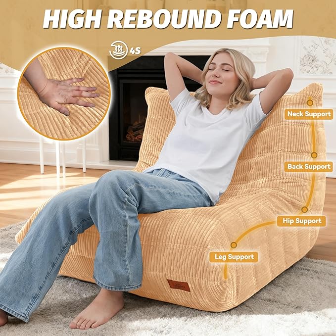 Bean Bag Chair,Giant Beanbag Chairs for Adults,Comfy Large Fireside Chair Lazy Sofa,Corduroy Bean Bag Lounger with Memory Foam Filled,Floor Sofa Couch for Home,Dorm,Living Room (Khaki)