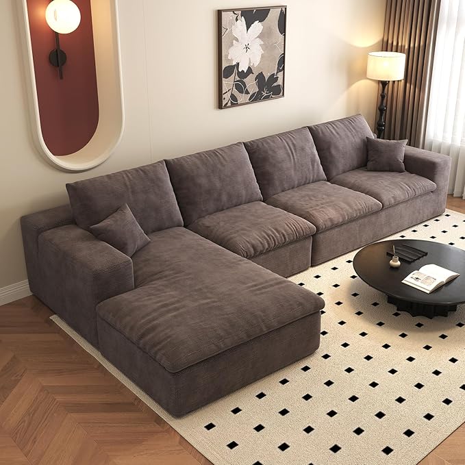 136.6'' L-Shaped Modern Modular Sectional Cloud Couch, 4-Seat Chenille Deep-Seat Sofa with Pillow for Living Room, Bedroom, Apartment, Camel