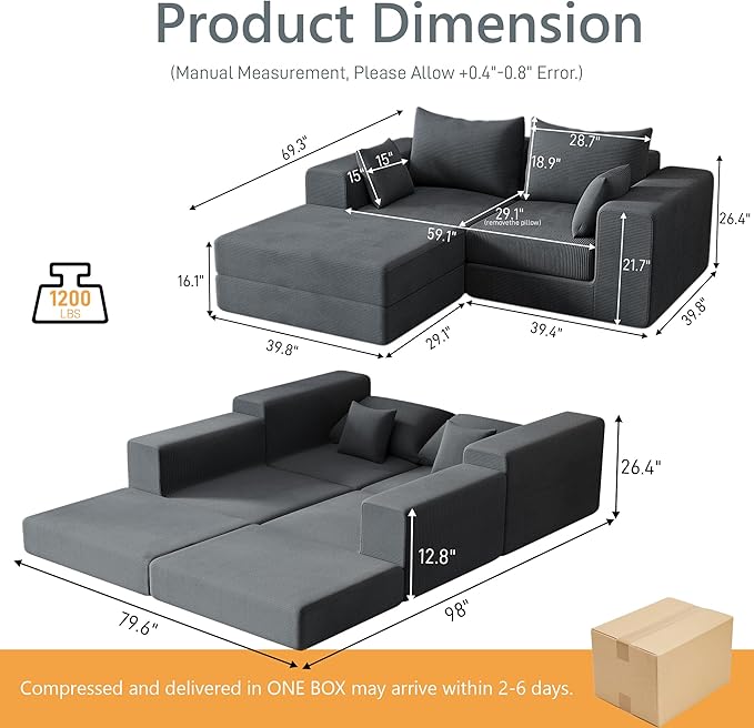 DAMAIFROM 80" Convertible Sleeper Sofa Bed with Soft Pillow, Corduroy Folding Mattress Couch with L-Shape Chaise, Modular Floor Sofa Lounge Couch for Living Room Bedroom Lounge (Grey)