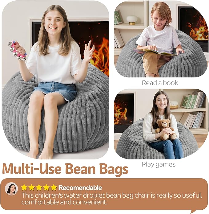 Homguava 2FT Bean Bag Chair, 2' Small Bean Bags with Memory Foam Filled, Beanbag Chairs with Machine Washable Cover Dutch Corded Plush Cover for Classroom,Living Room,Bedroom-Grey