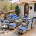 Belord Luxury 6" Thick Cushioned 10 Pieces Patio Furniture Set with Fire Pit Table, Wicker Outdoor Conversation Set with High Back Swivel Rocker Chairs for Deck Porch Yard and Poolside - Grey+Blue