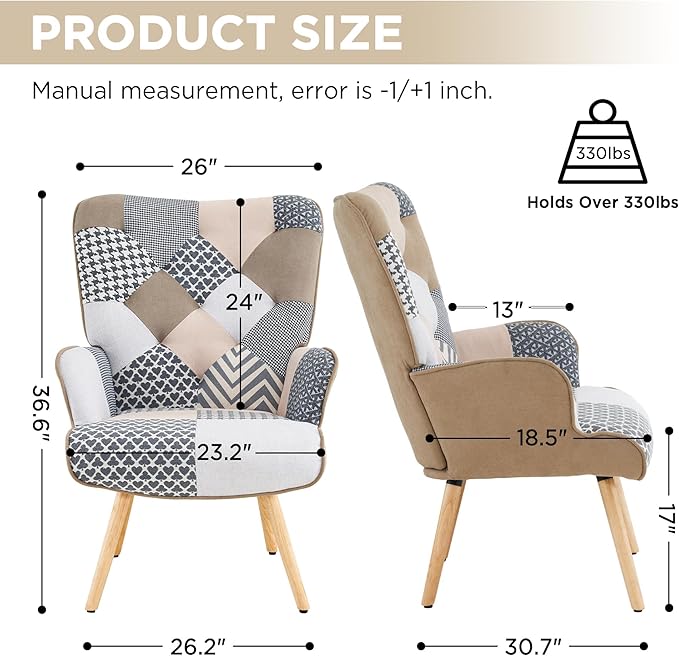 Accent Chair, Living Room Chair, Modern High Back Armchair, Colorful Patchwork Reading Chairs for Bedroom, Lounge Chair with Linen Fabric Shell and Solid Wood Feets (2, Gray)