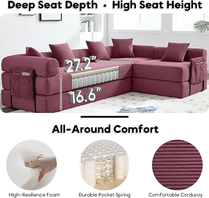 L Shape Convertible Sofa Bed with Cylindrical Pillow and Storage Pocket, Convertible Sofa Couch Bed with Support Frame for Living Room Bedroom Children Room-Red