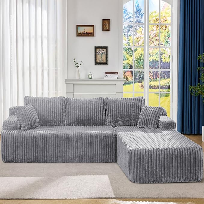 Modular Sectional Sofa Couches L-Shape Couch 3 Seat Modular Sofa Memory Foam Sectional Couches for Living Room, Cloud Couch with Oversized Chaise (Light Grey Stripe, 108" Right Facing Chaise)