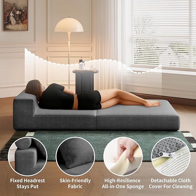 Folding Sofa Bed – Convertible Sleeper Chair Bed with Pillows/Single Floor Couch/Small Futon Couch Filled with High-Density Foam for Lounge, Guest Room or Office (Gray)