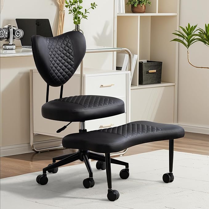 Meditation Chair with Lumbar Support, Ergonomic Floor Sitting Chair Adjustable Height, Cross Legged Chair for Office, Yoga & Mindfulness, Cushioned Seat with Wheels (Black)