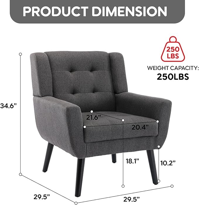 OO BY ORANGE ONLINE Set of 2 Linen Accent Chair, Mid-Century Modern Tufted Armchair for Living Room, Bedroom & Office (Drak Gray)