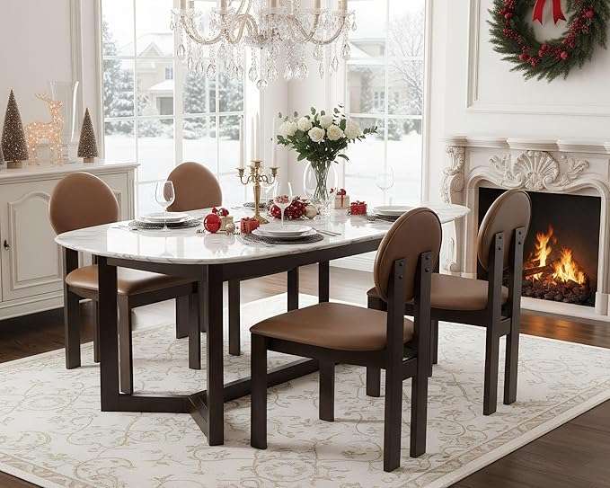 Modern Wood Dining Chairs Set of 6, Farmhouse Brown Faux Leather Kitchen Chairs with Round Back & Walnut Legs, Mid-Century Armless Upholstered Accent Chairs for Dining Room/Living Room/Restaurant