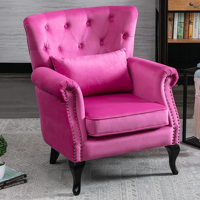 LZAREAL Accent Reading Arm Chairs for Living Room Bedroom, Midcentury Modern Comfy Corner Sofa Chair, Wingback Waiting Room Club Chair with Button Tufted Back &Lumbar Pillow, Velvet Rose