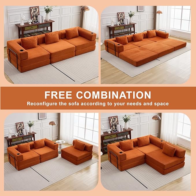 118" Oversized Convertible Floor Sofa Bed, Boneless Foldable Mattress Cloud Couch with Pillow Back & Armrest, Fold Out Floor Couch with Cup Holder for Living Room Bedroom Lounge, Corduroy, Orange