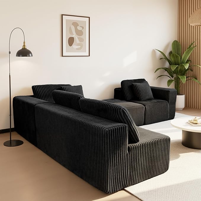 132" U Shaped Modular Sofa, 4-Seater Sectional Cloud Couch with Chaise, Soft Corduroy Boneless for Living Room, No Assembly Required, Free Configuration, Black