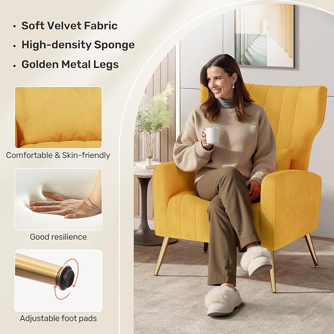 Nalupatio Modern Accent Chairs for Set of 2 Upholstered Velvet Fabric Reading Chair Mid Century Arm Chair Comfy Armchair for Living Room,Yellow