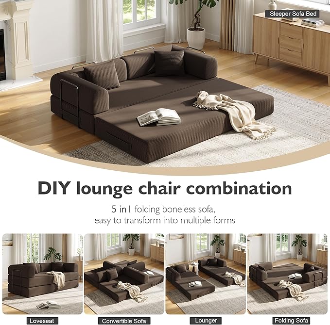 79 Inch 5-in-1 Convertible Sofa Bed, Corduroy Boneless Floor Couch with Fixed Frame & Pillow, Modular Folding Mattress Lounger for Small Space, Living Room, Bedroom - Easy Assembly(Brown)