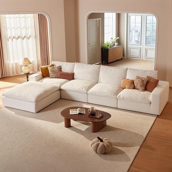 Vorthio Cloud Couch Sectional Oversized Modular Sofa with 35'' Deep Seat Boneless Couch L-Shape Comfy Sofa Stain-Resistant White Sectional Couches for Living Room Apartment 4 Seater with 1 Ottoman