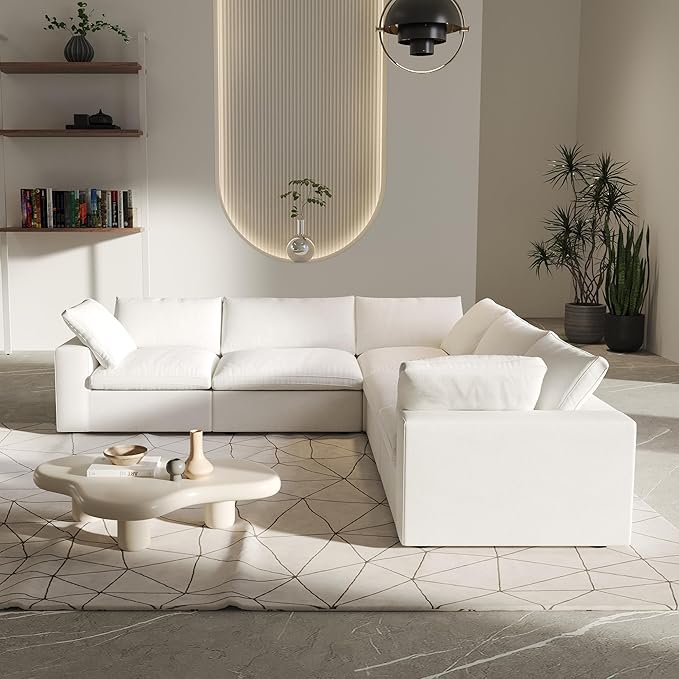 V-Shaped Cloud Sectional Couch, Modular Sectional Sofa, Modern Comfy Cloud Sofa, Covers Removable, Convertible Sleeper Couch for Living Room Apartment (White, Linen Fabric)