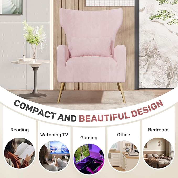 Nalupatio Modern Accent Chairs for Living Room Chairs Upholstered Velvet Fabric Reading Chair Mid Century Arm Chair Comfy Armchair,Pink