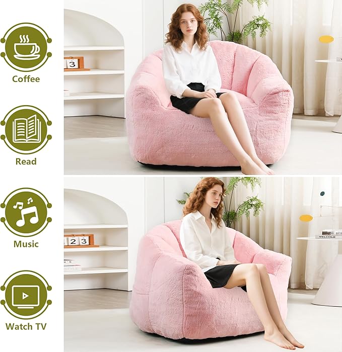 Setawix Giant Bean Bag Chair with Filler, Comfy Faux Fur Bean Bag Chairs for Adults and Kids, Lazy BeanBag Sofa Stuffed Floor Sofa with Memory Foam for Bedroom Apartment Living Room,Pink