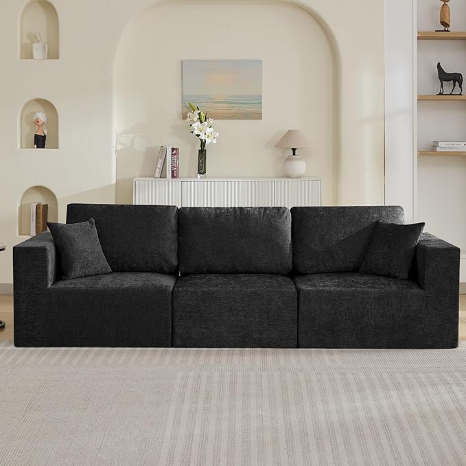 115'' Comfy Boneless Couch, Upholstered Deep Seat Modular Cloud Sofa, No Assembly Chenille Compression 3 Seater Sofa Couch for Living Room, Black