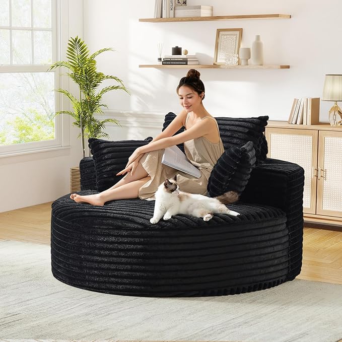 JEEOHEY Modern Round Accent Sofa Chair for Living Room, Upholstered Corduroy Barrel Lounge Arm Chair with Large seat&Throw Pillows for Bedroom, Office, Apartment, Black