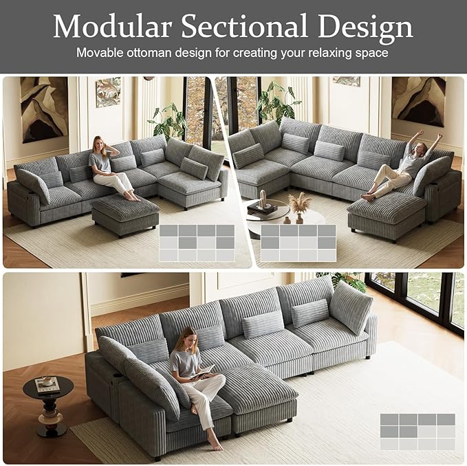 130" W x 67" D U Shape Sectional Sofa with USB Charging & Cup Holder & Storage, 6 Seater Plush Corduroy Couches with Movable Ottoman, Cloud Couch Sofas for Living Room, DIY Combination - Grey