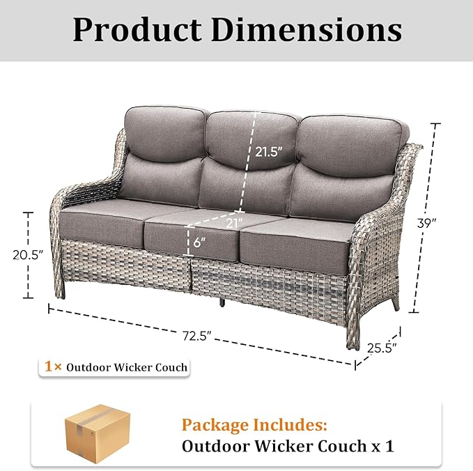 Pugire 71'' Patio Couch Outdoor Wicker Sofa, Heavy Duty All-Weather Rattan 3-Seater Sofa with Deep Seating and Removable Cover, Outdoor Patio Furniture for Deck Porch Sunroom Backyard Grey