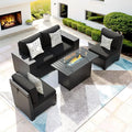 5 Piece Patio Furniture Set with Fire Pit Table, Outdoor Sectional Conversation Sets Black Wicker Rattan Sectional Sofa for Patio Garden Backyard, 4'' Thickened Cushion Black