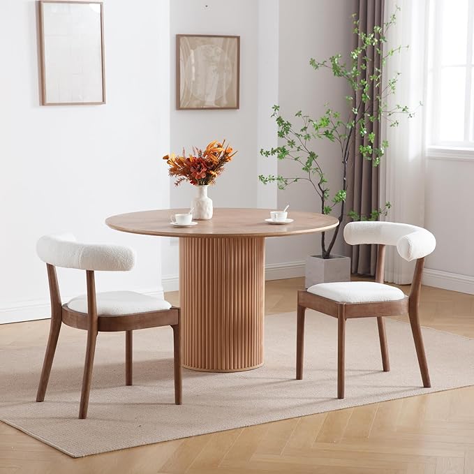 Kmax Dining Room Chairs Mid-Century Modern Sherpa Kitchen Chairs with Natural Walnut Finished Frame, Fur Curved Back, Set of 2, White