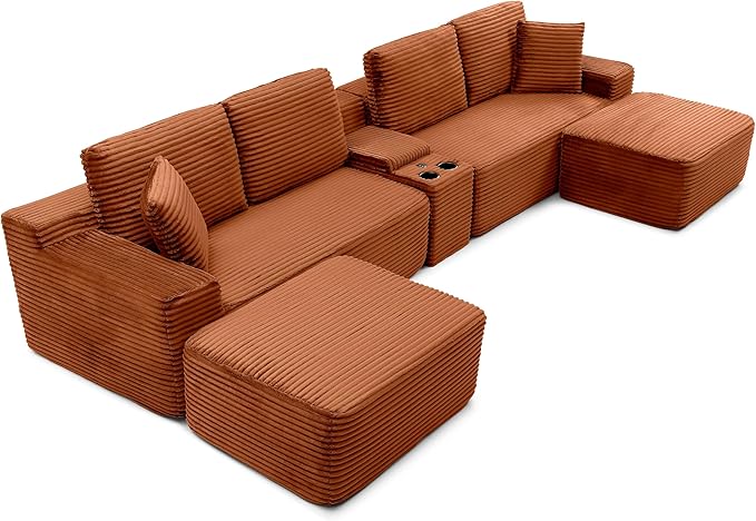 125” Oversized Modular Sectional Sofa, Deep Seat Corduroy Cloud Couch with Cup Holders, USB Ports & Storage Box, Sleeper Sofa Couch Boneless Couches for Living Room, No Assembly Required (Orange)