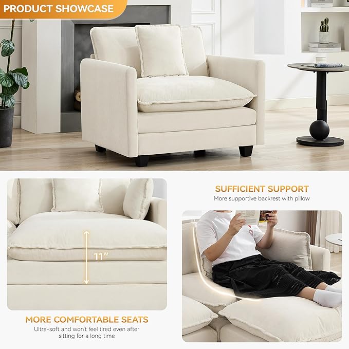 WUTUTUEE 41'' Modern Chenille Oversized Chair, Upholstered Accent Living Room Chair with Extra Thicked Deep Seat, Single Lounge Chair for Bedroom, Small Apartment, Beige