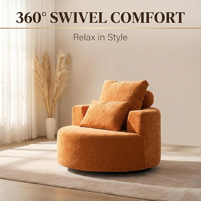 Furnimart Oversized Barrel Accent Chair, 360° Swivel Round Upholstered Sofa, Chenille High-Resilience Sponge, No Assembly Wide Seat for Living Room, Bedroom, Apartment (Orange)
