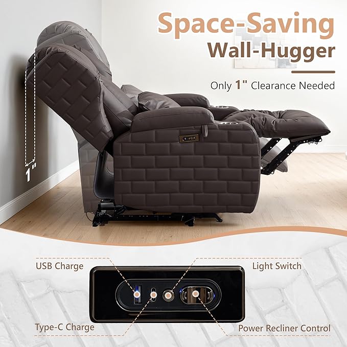 Wall Hugger Power Recliner Chair with Heat and Massage, Overstuffed Reclining Sofa Chair for Living Room Home Theater RV with 3-Side LED Lights/Cup Holders/USB & Type C Port (Brown)