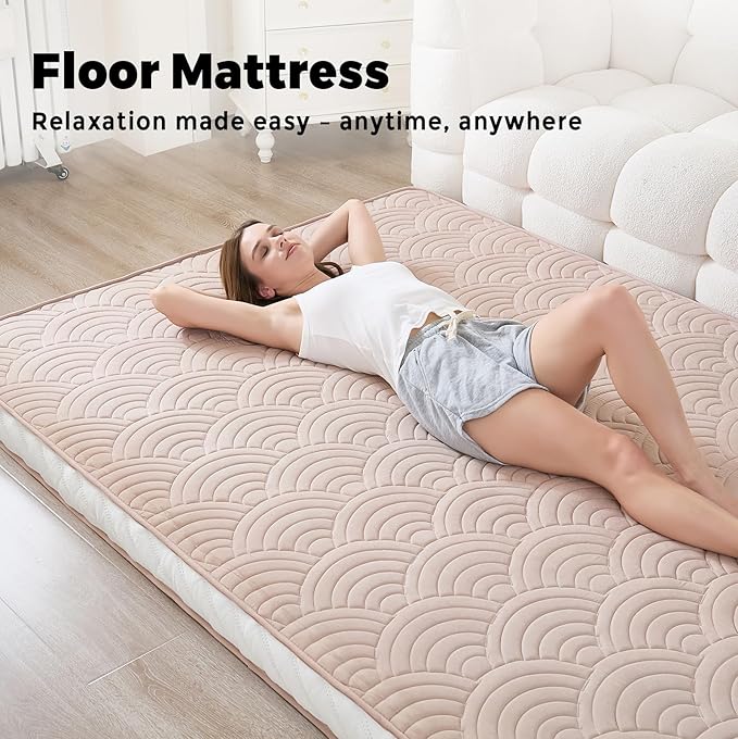 Zelladorra Japanese Floor Mattress, Quilted Futon Mattress with Anti-Slip Bottom, Foldable Floor Bed with Storage Bag and Straps, (Beige, Full)