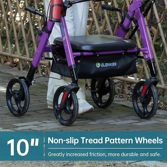 ELENKER Heavy Duty Upright Walker with Extra Wide Padded Seat and Backrest, Aluminum Bariatric Stand Up Rolling Walker, 10” Wheels, Fully Adjustment Frame, Support up to 500 lbs for Seniors, Purple
