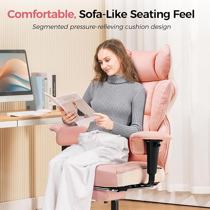COMHOMA Desk Office Chair 400LBS Big and Tall Office Chairs Ergonomic Gaming Chairs with Wide Seat Leather High Back Chair with Foot Rest Adjustable Armrests Pocket Spring Lumbar Support