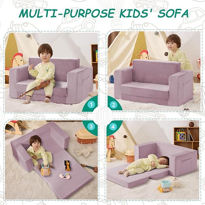 Kids Couch, 2-in-1 Toddler Chair Comfy 1-3 Years, Convertible Kids Chair, Toddler Couch That Fold Out, Kid Lounge Chairs for Boys and Girls, Soft Coral Fleece, Double, Purple