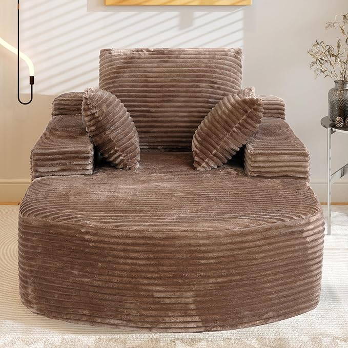 WJShome Oversized D-Shaped Lounge Chair Indoor, Modern Upholstered Corduroy Deep Seat Circle Single Foam Couch,Cloud Lounge Floor Sofa Chair for Living Room, Brown