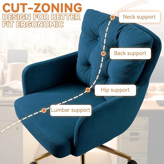 BALIAA Flannel Office Chair, Comfy Home Office Desk Chairs with Lumbar Support, Modern Velvet Desk Chair Gold Legs Small Swivel Task Chair for Home Office, Bedroom, Study (Blue, L)