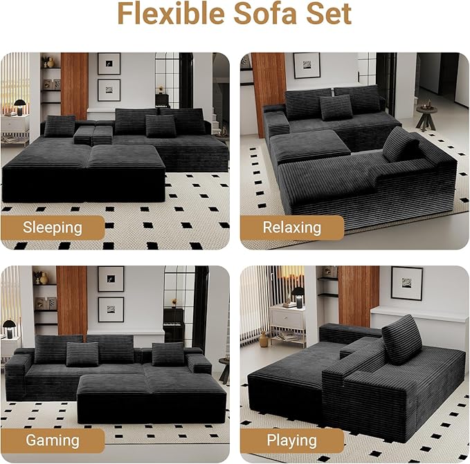 KAPEETOO U Shaped Modular Sectional Sofa with Right Chaise Ottoman, Boneless Couch with Deep Seat, Oversize 3-Seater Sofa U Shaped Set for Living Room Bedroom (Black)