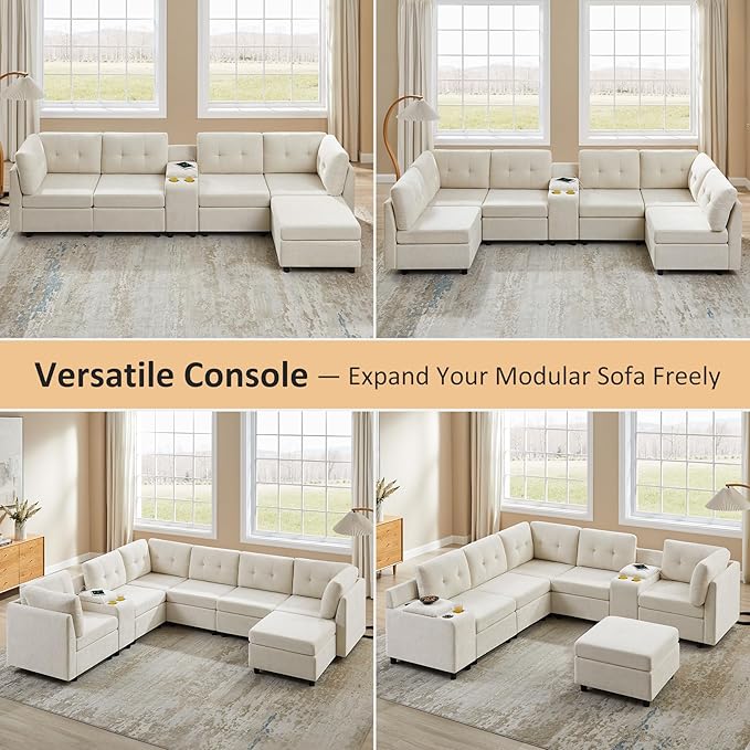 VANOMi 118" Modular Sectional Sofa with Ottoman, 4 Seater Cloud Sofas & Couches, Cozy Chenille Sectional Couches for Living Room, Apartment, Office, White, L Shaped