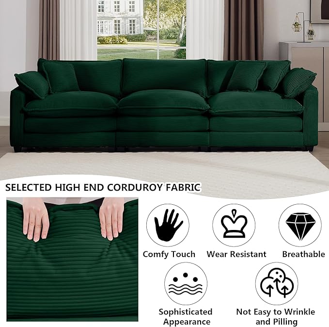 Aoowow Corduroy 3 Seater Sofa Couch,Modern Large Cloud Couches for Living Room,Modular Sectional Cloud Sofas with Deep Seat,Oversized Tufted 3 Seat Sofa Set. (Green, 3 Seater)