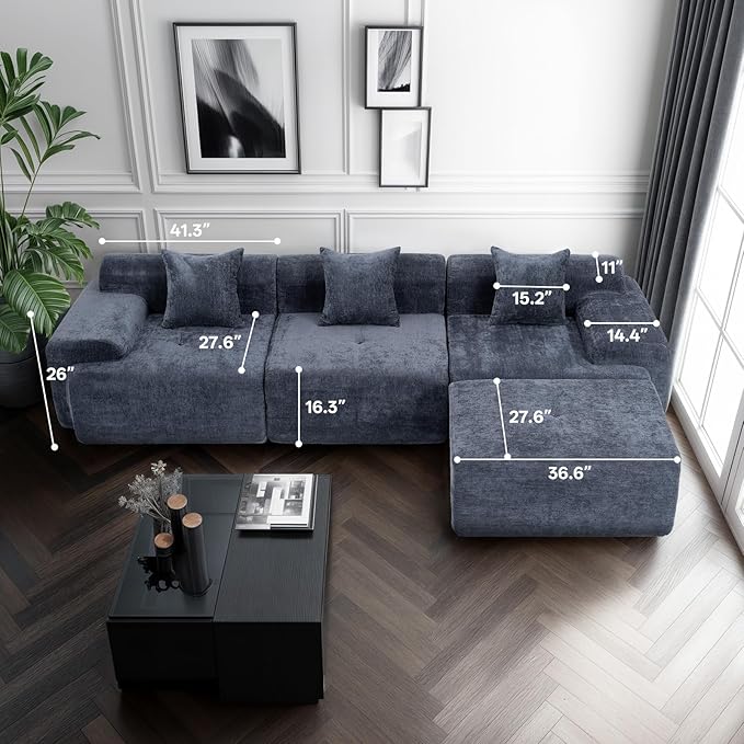 119’’ Modular Sectional Sofa Couch with Chaise, Deep Seat Cloud Couch for Living Room, Modern Chenille Upholstered Sectional with Throw Pillows, Compression Modular Sofa for Apartment or Bedroom, Blue