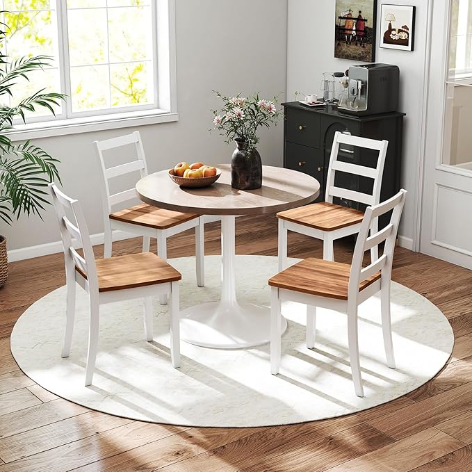 Giantex Dining Chairs, Wooden Armless Kitchen Chairs with Solid Rubber Wood Legs, Farmhouse Ladder Back Dining Chairs for Dining Room (2, White+Brown)