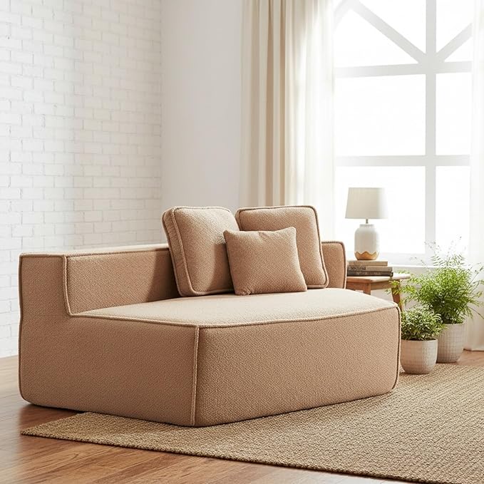 EPOFIT 1-Seater Teddy Fleece Modular Sofa Chair, Low-Profile Floor Seat with Wide Cushion and All-Foam Support, Right-Facing Design, Compressed Packaging – Brown
