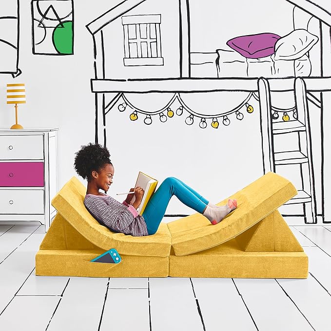 Yourigami Kids and Toddler Play Couch, Convertible Folding Sofa, Durable Foam Modular Design, Sunflower Yellow