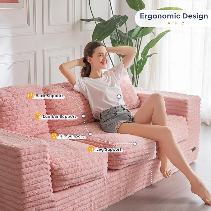 MAXYOYO 3-Seater Boneless Sofa Couch in a Box, Modern Faux Fur Sofa for Living Room, Soft High-Density Foam Couch with Pillows, Fluffy & Supportive Chair Lounge, No Assembly Required, Pink
